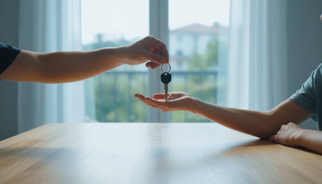 A young person's hand receiving a single car key from an adult's hand across a kitchen table
