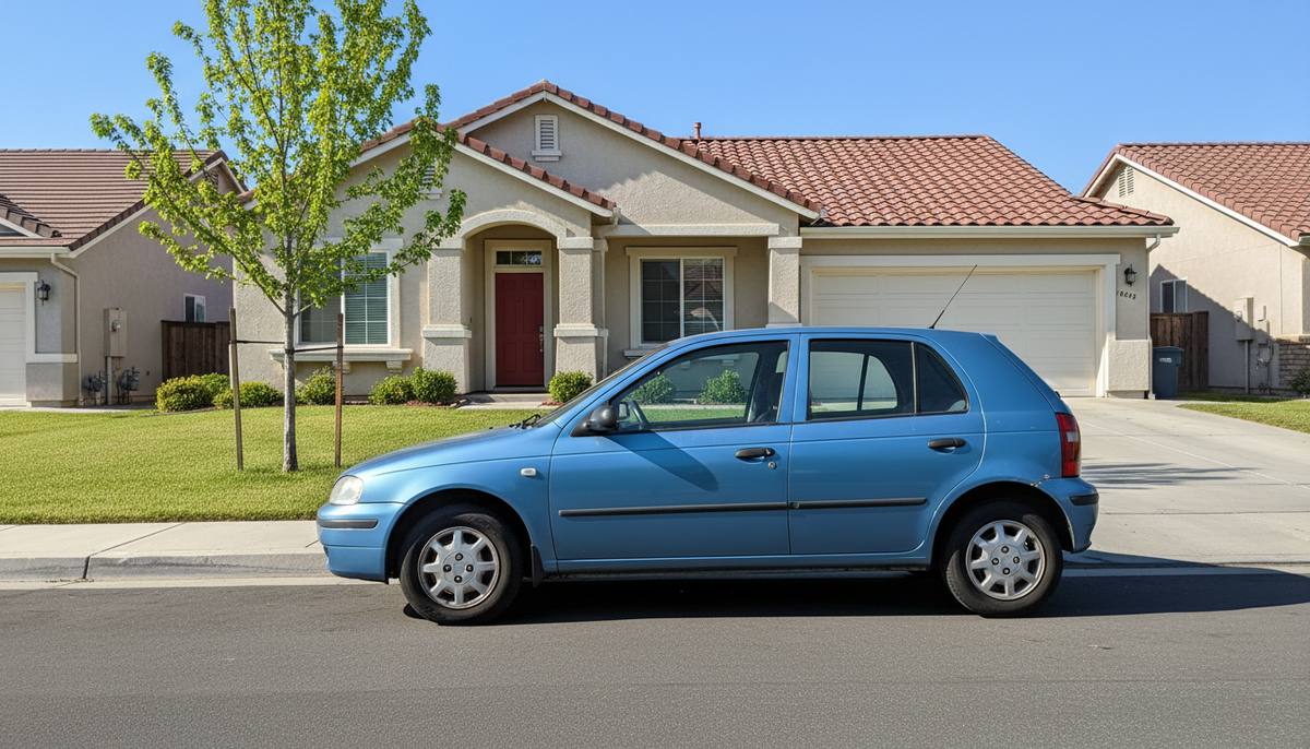 A small used blue hatchback parked outside a tidy suburban California home under a clear blue sky