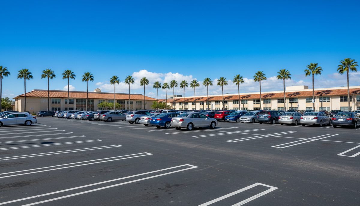 A wide school parking lot full of ordinary cars under a bright blue California sky with palm trees