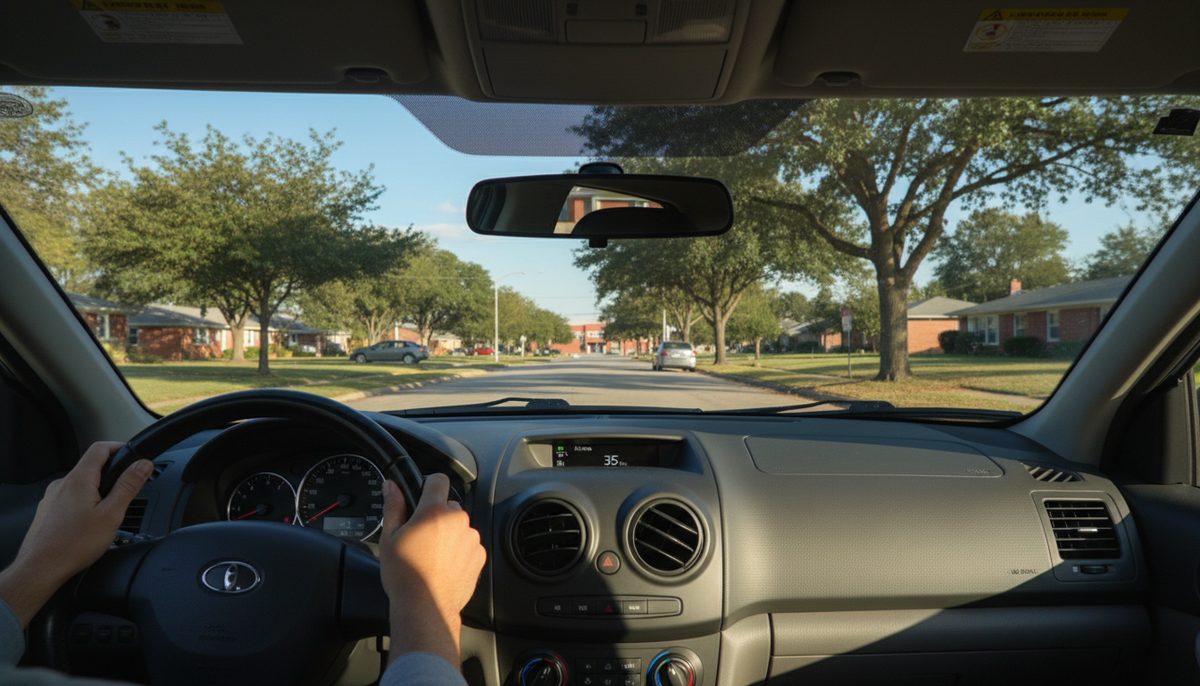 Hands placed at nine and three on the steering wheel of a small car on a quiet sunlit street