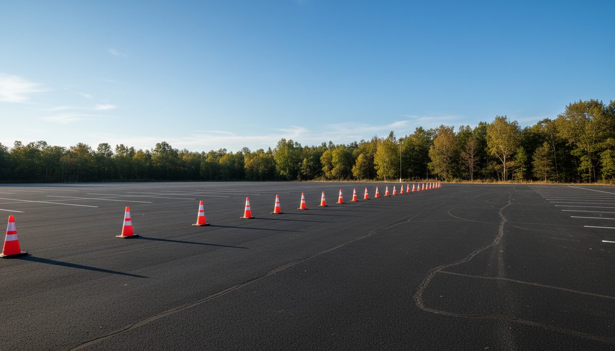 A wide empty parking lot with a row of practice cones set out for driving practice