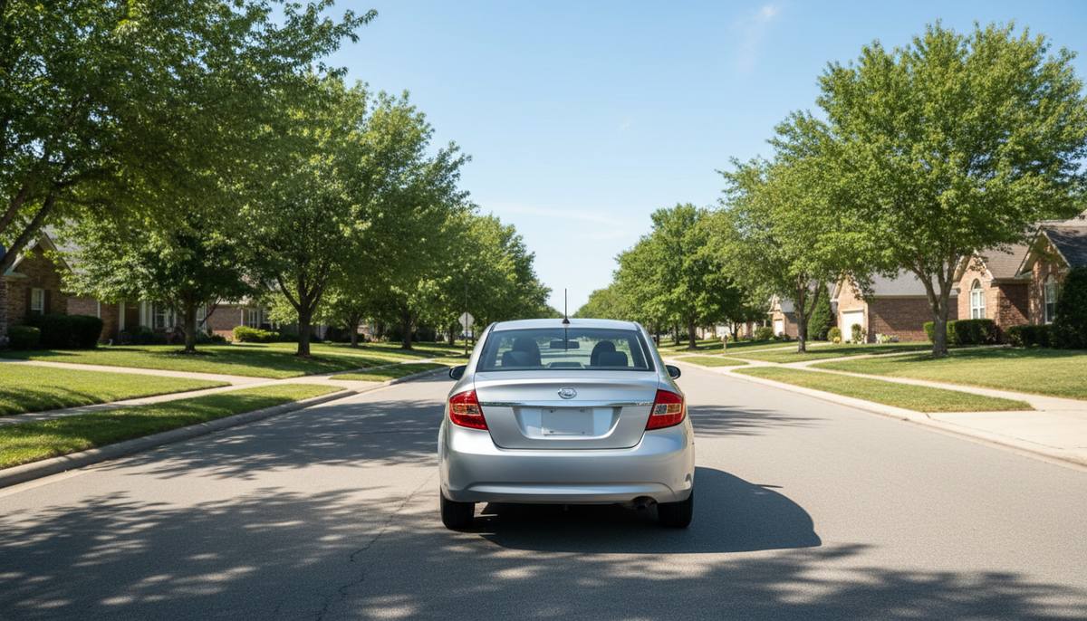 A small silver car driving slowly along a quiet tree-lined residential street