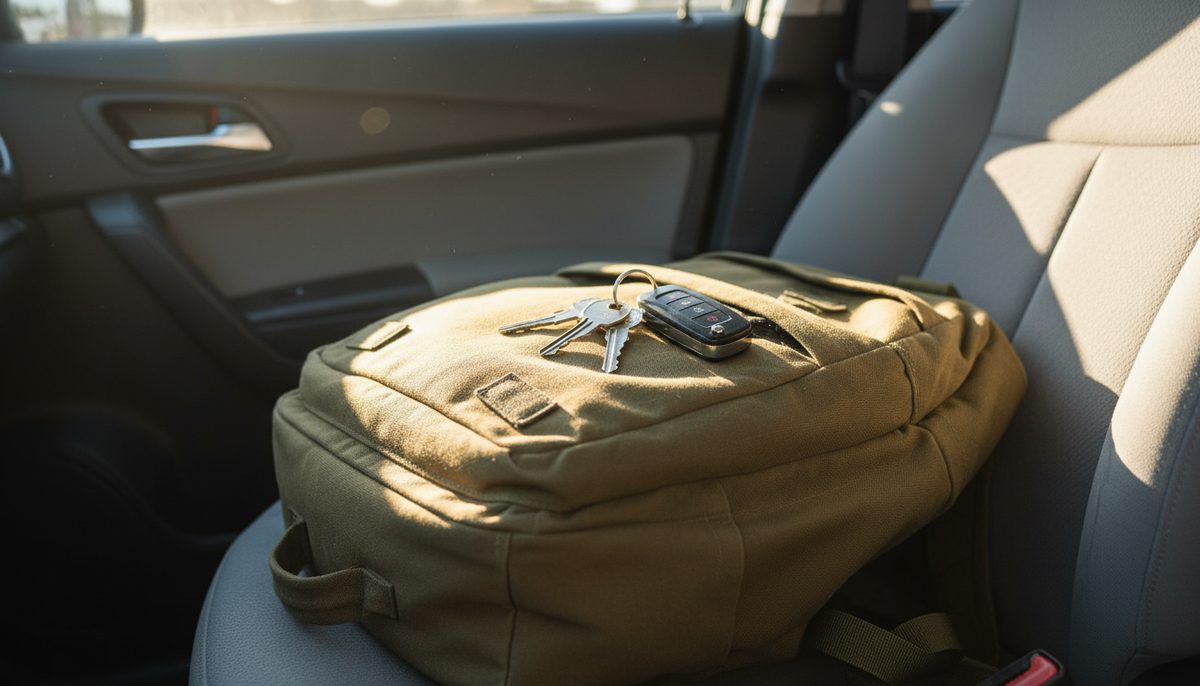 A canvas backpack with car keys resting on top of it on a sunlit passenger seat