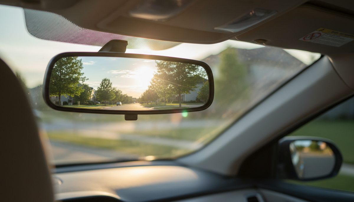 A car's rear-view mirror reflecting a bright sunlit suburban street