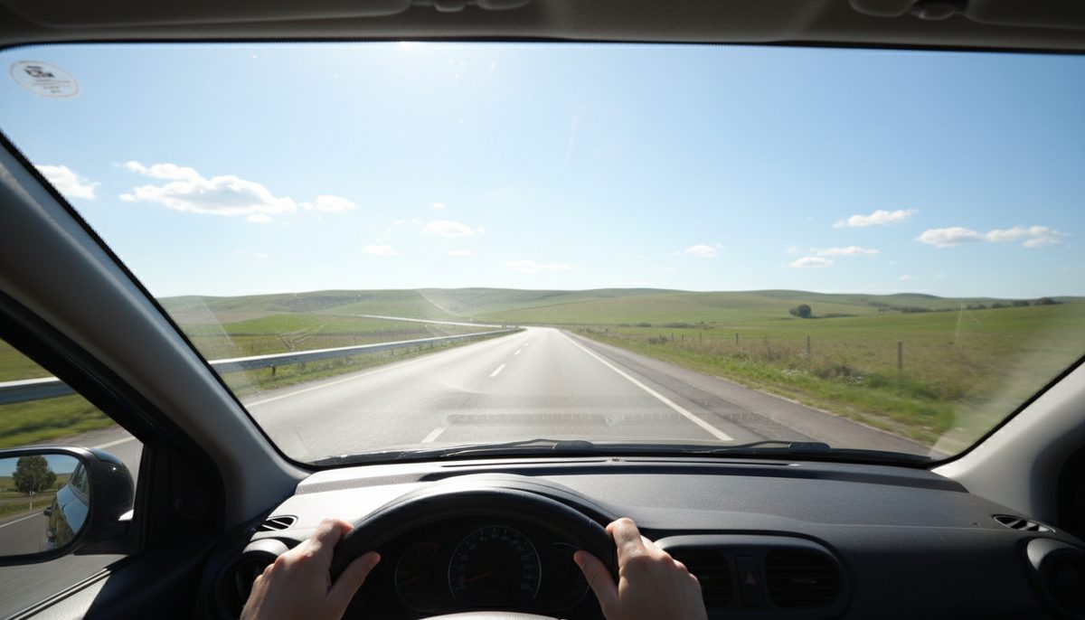 The view over a small car's dashboard on a sunlit open road, hands resting on the steering wheel
