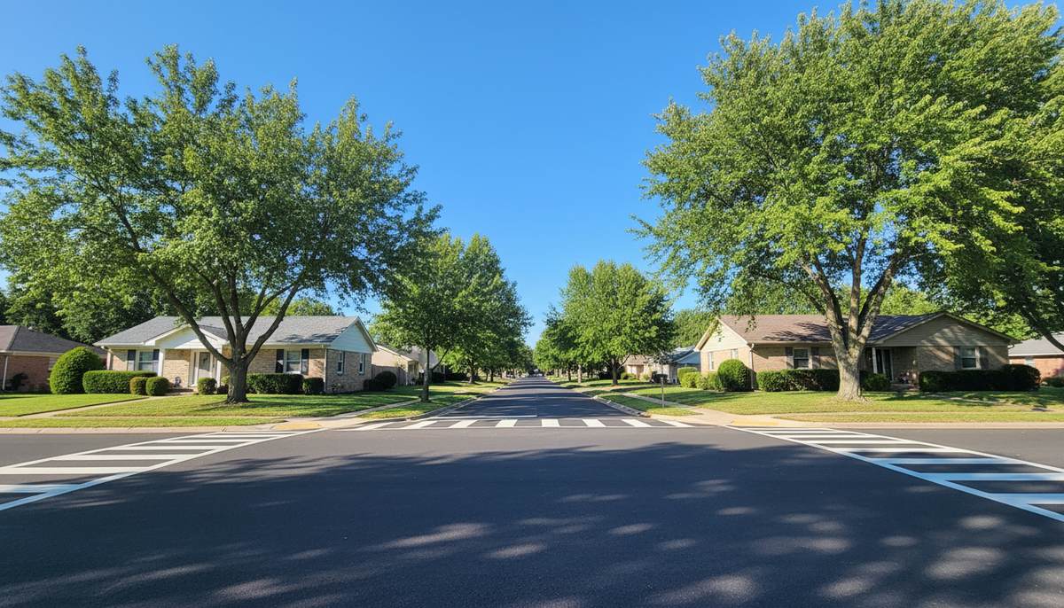A quiet suburban intersection with fresh crosswalk markings under a bright blue sky